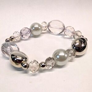 New Beaded Stretch Bracelet Silver Tone Clear Faceted White Faux Pearl Crystal